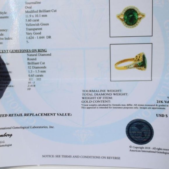 Green Tourmaline 5.60ct Diamonds 21k Gold Ring - Picture 4 of 9
